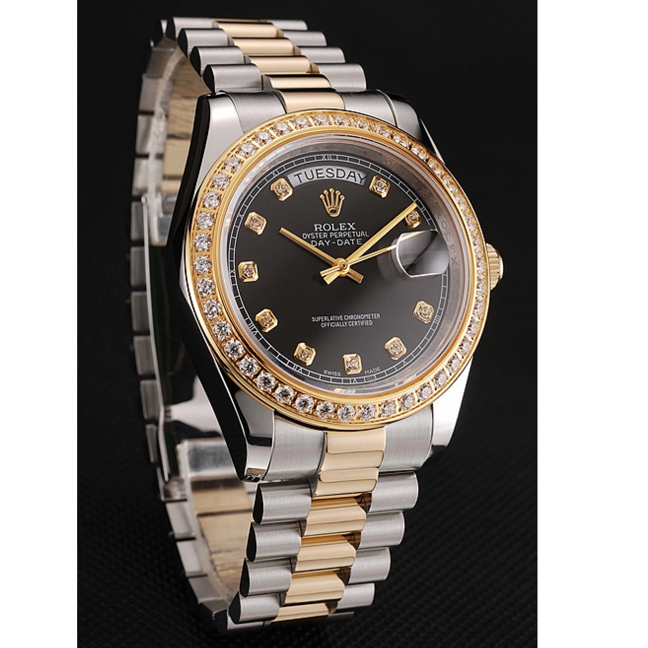 Aaa fake watches Stainless 1453975 Two Bracelet Swiss Gold Dial Steel Tone Case Day-Date Rolex Diamond Black 0806